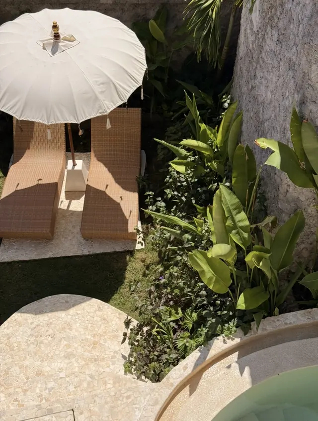 A parasol and two sun loungers beside a plunge pool, seen from above through tropical planting