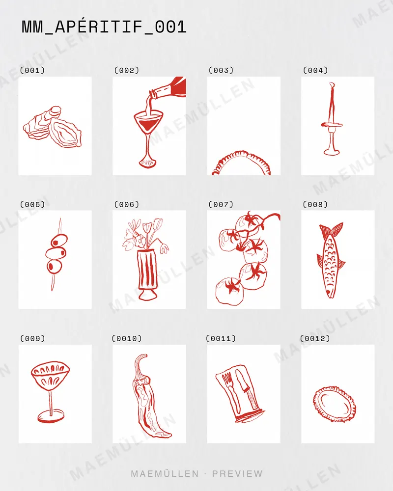 Overview sheet of the Apéritif illustration package: twelve red line drawings, numbered