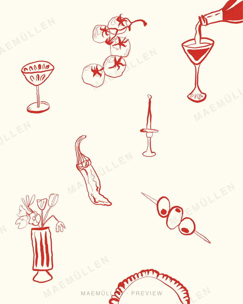 The Apéritif illustrations scattered as a pattern in red on cream