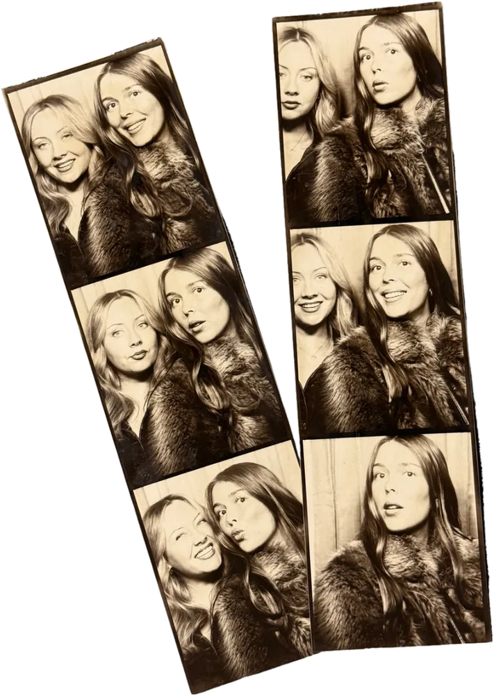 Two sepia photo-booth strips, each with three frames of the studio's founders together in fur coats