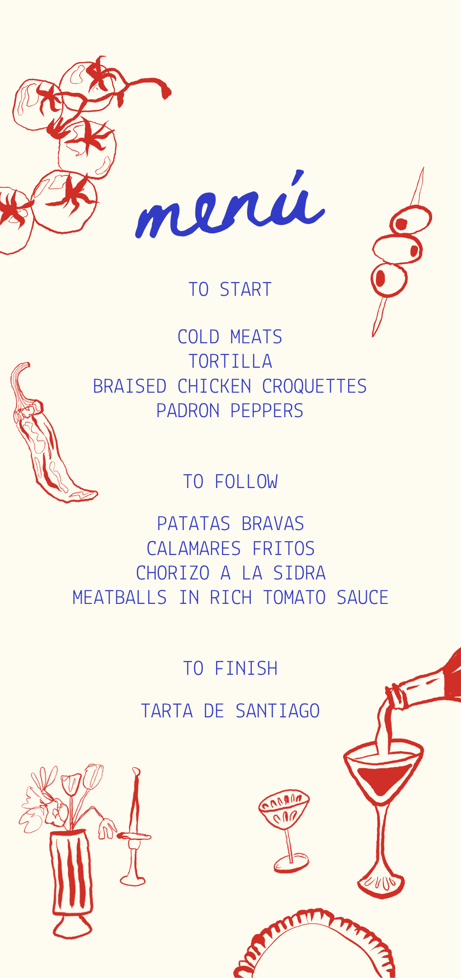 The Sol y Sal Kitchen menu artwork flat: hand-drawn illustrations in red around blue type